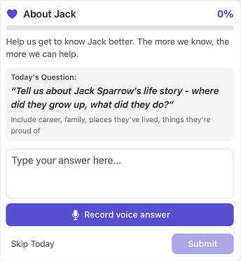 About Jack profile form showing questions about your elder