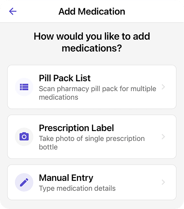 Elderella Add Medication screen with options to scan a pill pack, photograph a prescription label, or enter details manually
