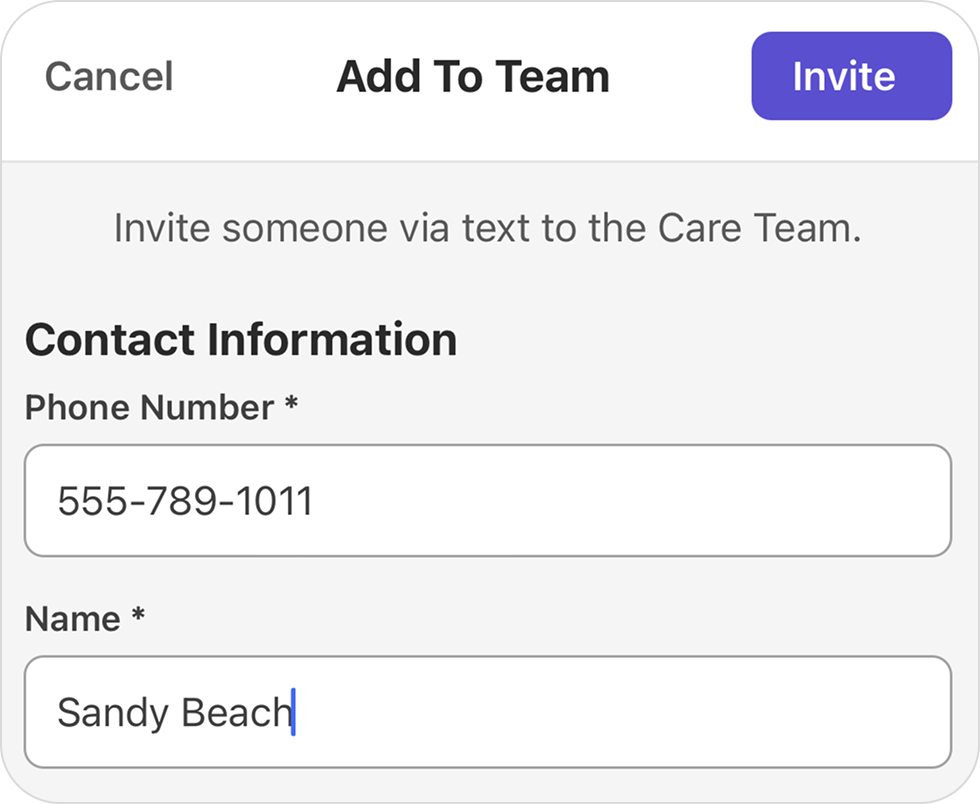 Add to care team screen showing phone number entry and access level selection
