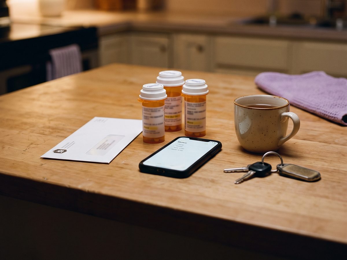 A kitchen counter in the evening with three prescription bottles, an unopened envelope, a phone, car keys, and a mug of tea