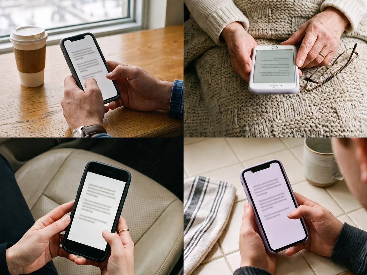 Four pairs of hands in four places, at a desk by a window, in an armchair under a knitted blanket, in a parked car, and at a kitchen counter, each holding a phone showing the same short family update