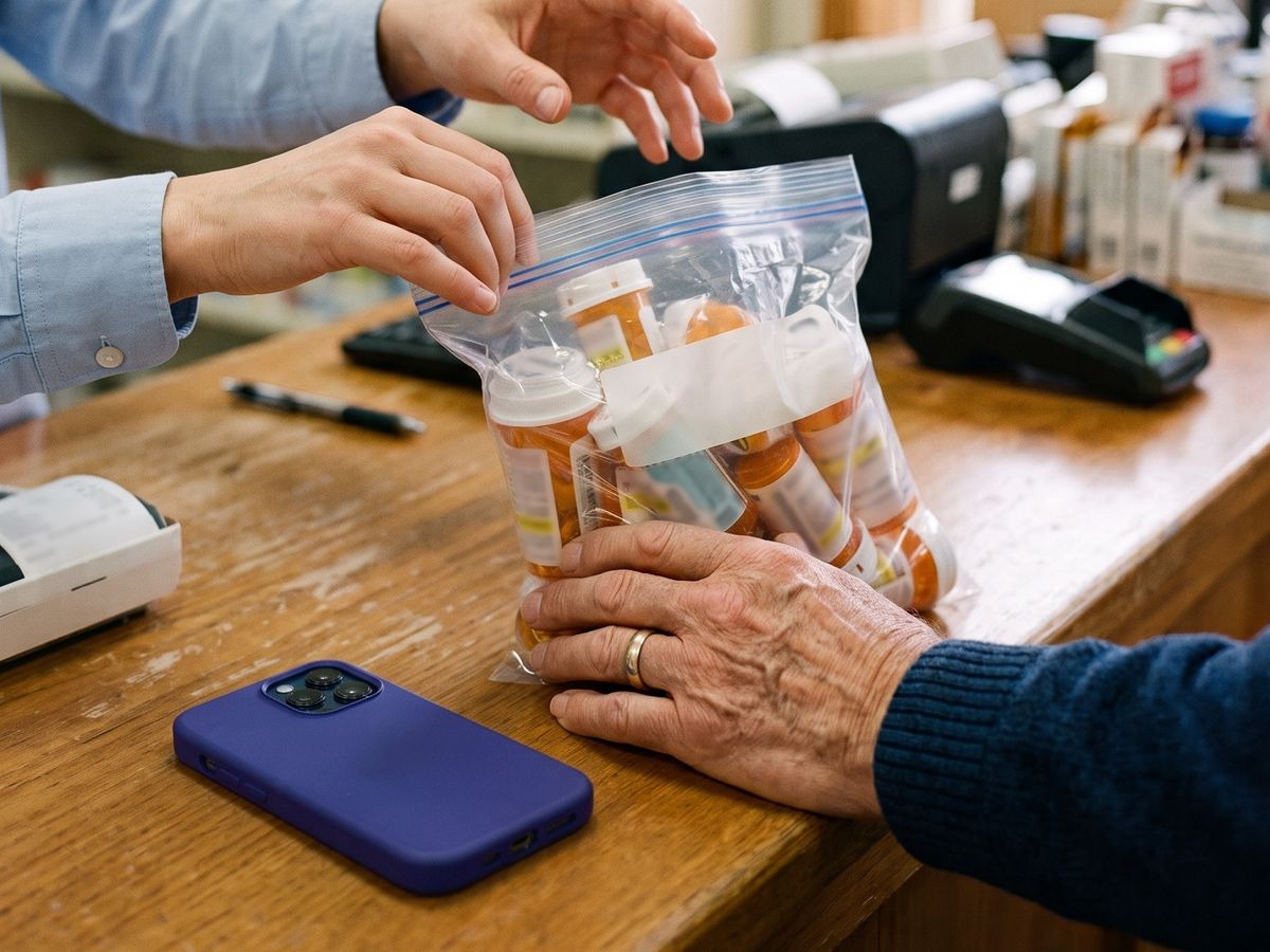 At a pharmacy counter, an older man&rsquo;s hand rests on a clear bag of prescription bottles while a pharmacist reaches in to sort them, with his phone beside the bag