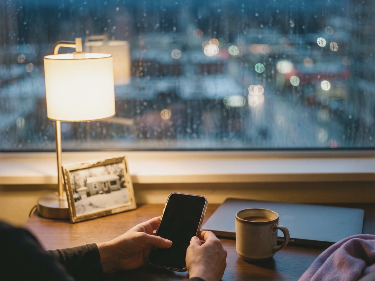 A woman&rsquo;s hands holding a phone at a desk before dawn, rain on the city window behind her and a photo of a snowy house far away beside the lamp