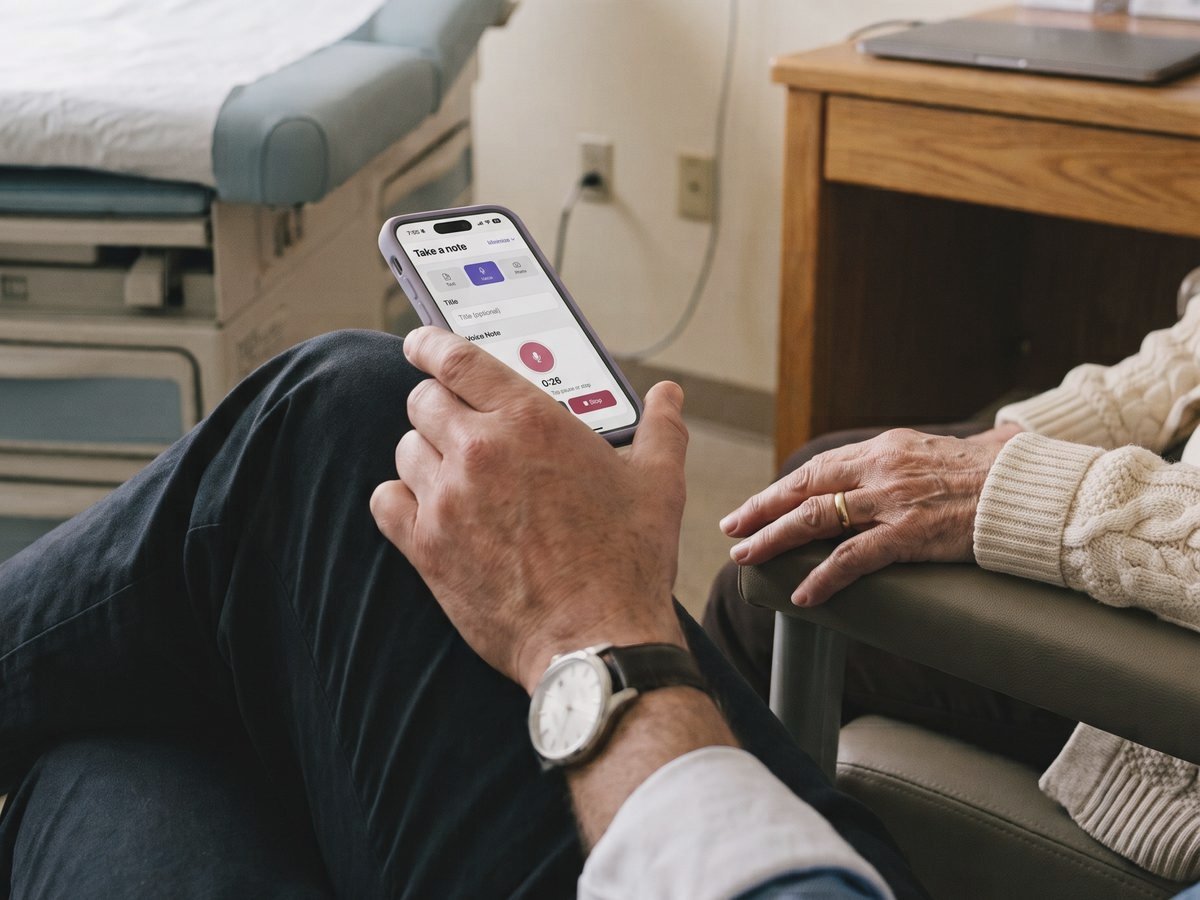 A first-person view in a doctor's exam room: a man's hands hold a phone recording a voice note in Elderella, and an older woman's hand rests on the arm of the chair beside him