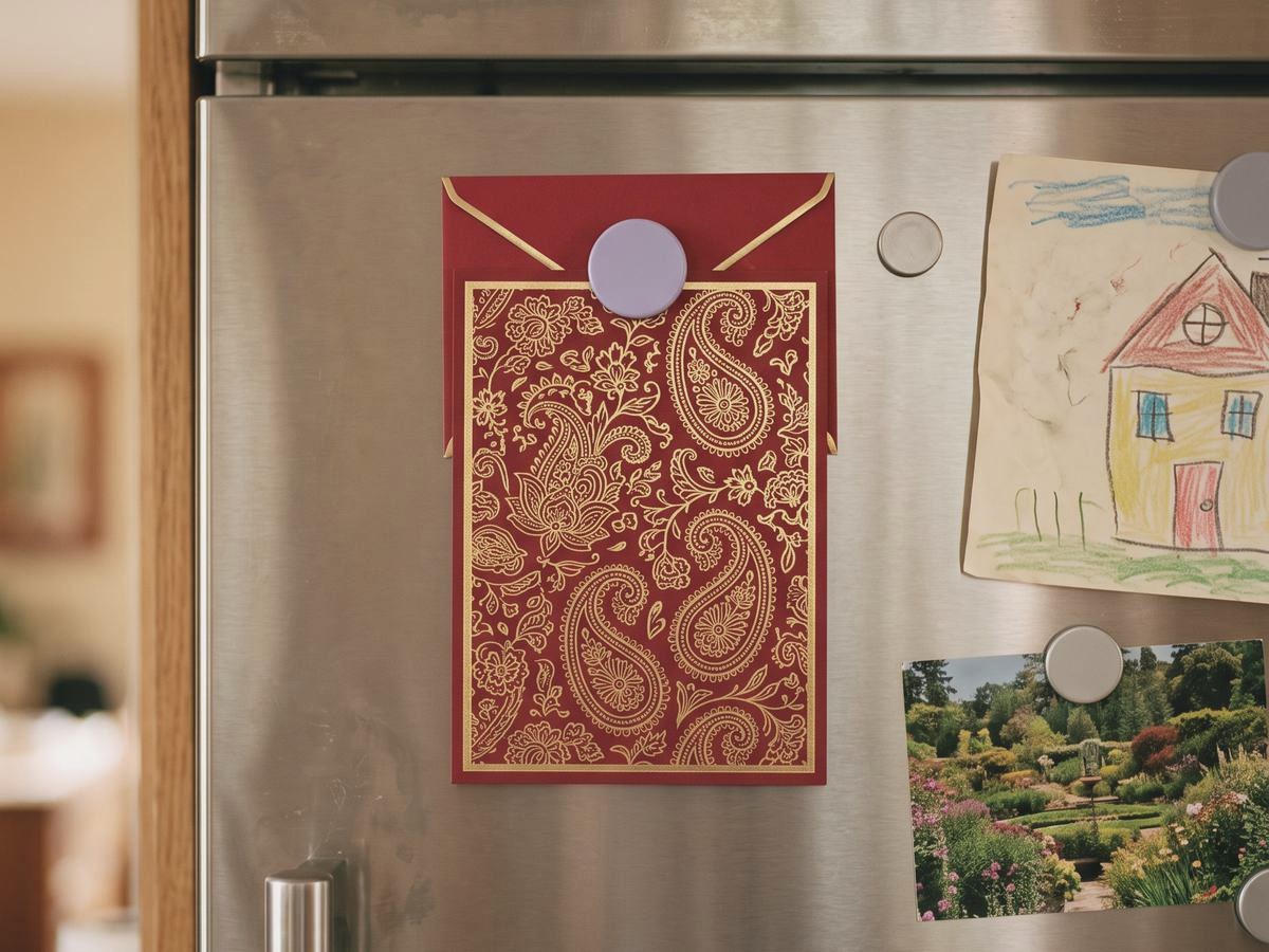 A red and gold wedding invitation held to the fridge door by a lavender magnet, beside a child’s drawing of a house and a garden postcard.