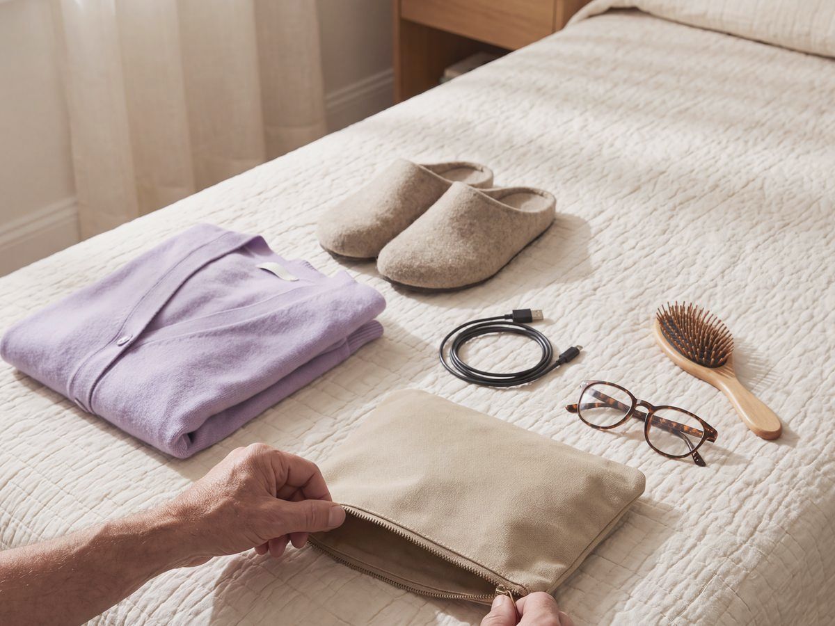 A man’s hands zipping a small bag on a made bed, with a folded cardigan, slippers, glasses and a phone charger laid out beside it.