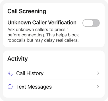 Elderella call screening screen with Unknown Caller Verification, asking unknown callers to press 1 before connecting to help block robocalls