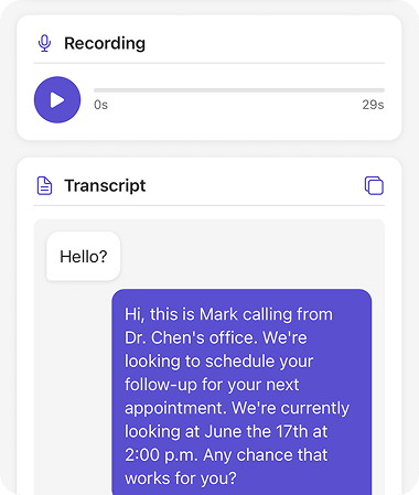 Elderella call recording and transcript of a 29-second call, with the doctor's office scheduling a follow-up appointment for June 17th at 2 p.m.