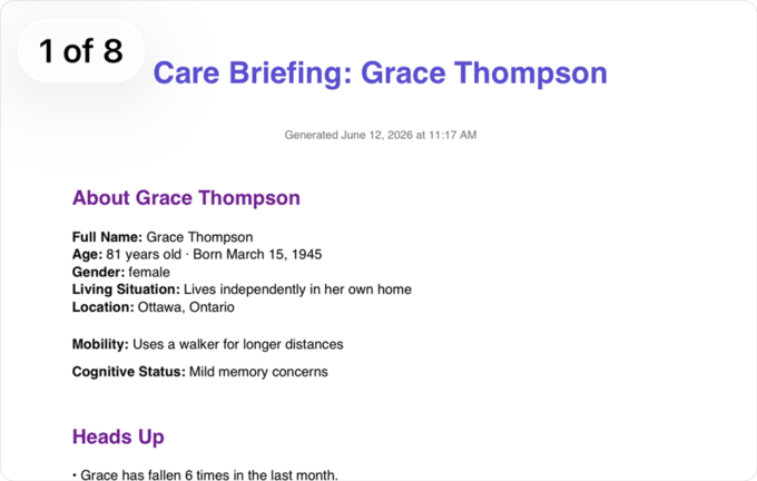 The first page of a Care Briefing, summarizing an elder&rsquo;s profile, health, and care details