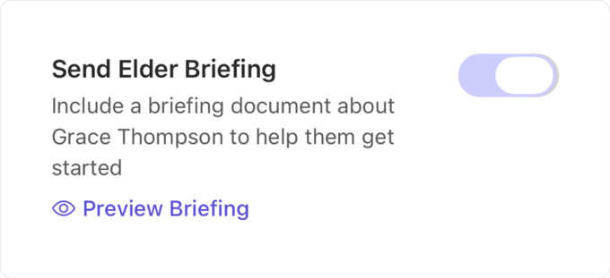 The Send Elder Briefing option shown while inviting a new care team member, with a Preview Briefing link