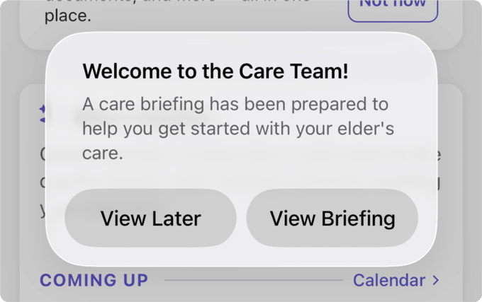 A Welcome to the Care Team prompt inviting a new member to view the briefing