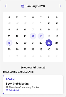 Care calendar showing upcoming appointments and events