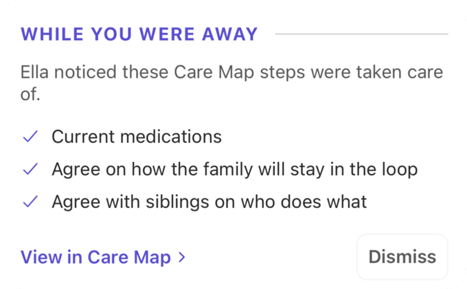 Elderella&rsquo;s home screen recap listing Care Map items that were completed automatically while you were away