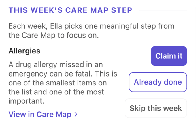 A home screen card showing this week&rsquo;s single Care Map focus item, with an Already done option