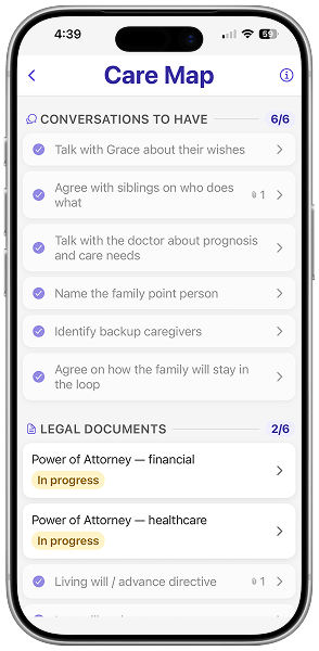 The Elderella care map, showing an elder&rsquo;s care organized in one place