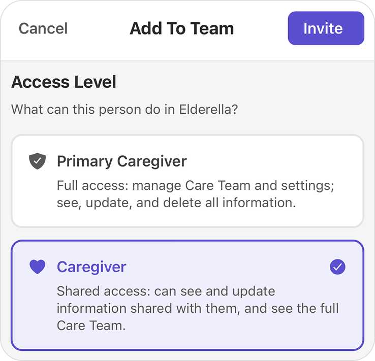 Care team access levels showing different permission options
