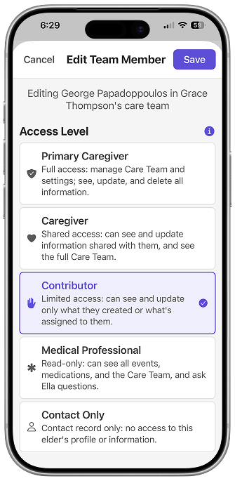 Elderella's Edit Team Member screen showing the five access level options: Primary Caregiver, Caregiver, Contributor, Medical Professional, and Contact Only