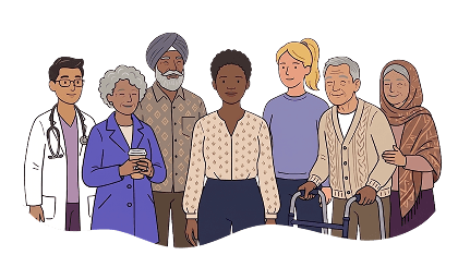 An illustrated group of older adults and the family members, friends, and care professionals who help look after them
