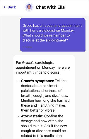 Chat interface showing conversation with Ella