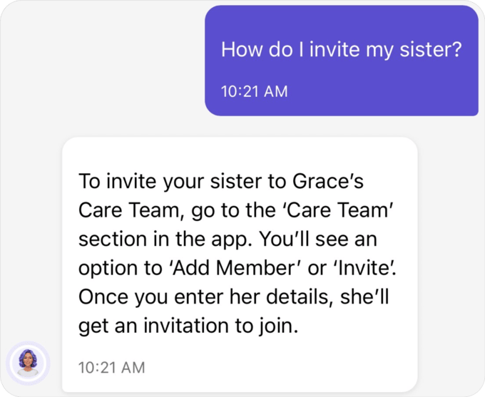 Ella answering how to invite a sister to the care team in chat
