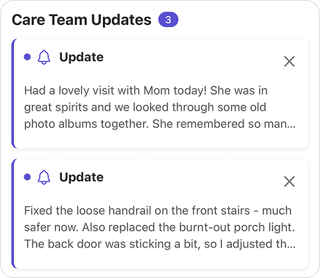Care Team Updates showing recent activity from your team