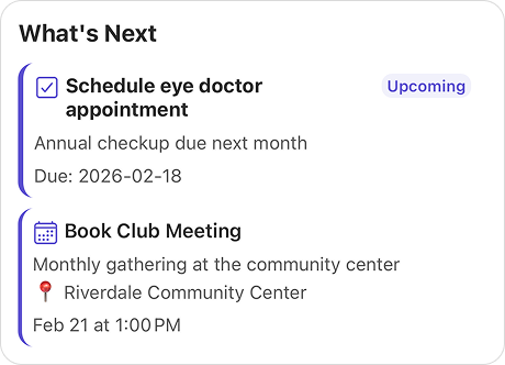 What's Next card showing upcoming tasks and events