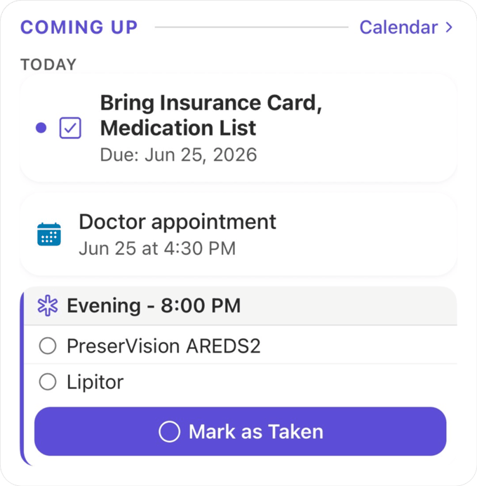Coming up section showing tasks and events that need your attention