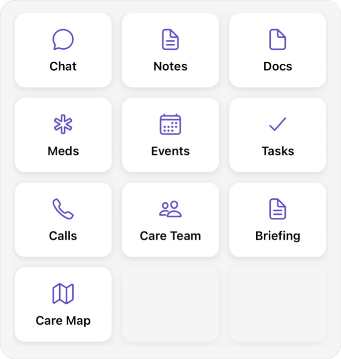 More menu showing Meds, Notes, Docs, Briefings, and more