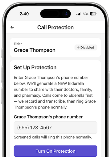 Elderella call recording screen showing a transcribed call with extracted medication changes and follow-up details