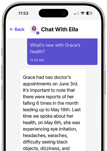Chat with Ella screen showing a medical professional asking about an elder's recent care history