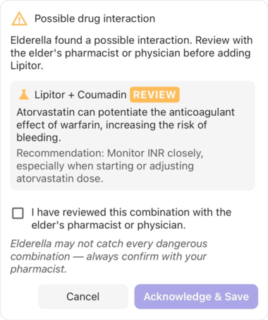Elderella flagging possible medication interactions to review, with plain-language explanations