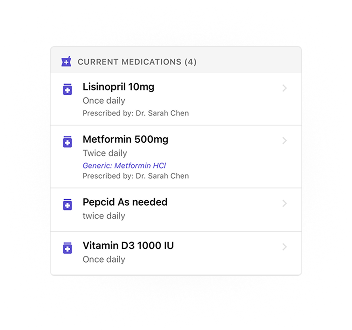 Medication list showing current medications and doses
