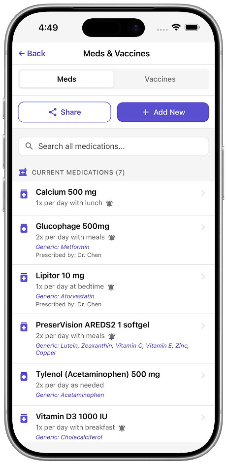 Elderella Meds & Vaccines screen showing a current medications list with names, doses, schedules, and reminder bells