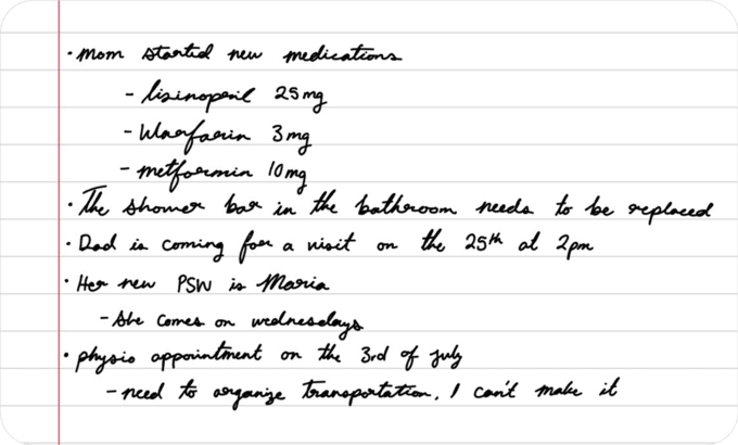 A handwritten note listing new medications, a shower bar to replace, a visit on the 25th, a new PSW named Maria, and a physio appointment
