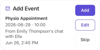 A Needs you item to add a physio appointment, with Add, Edit, and Skip