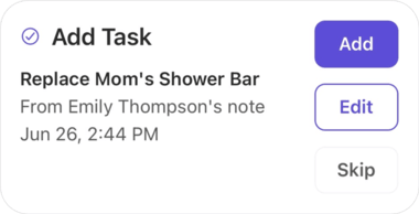 A Needs you item to add a task, with Add, Edit, and Skip