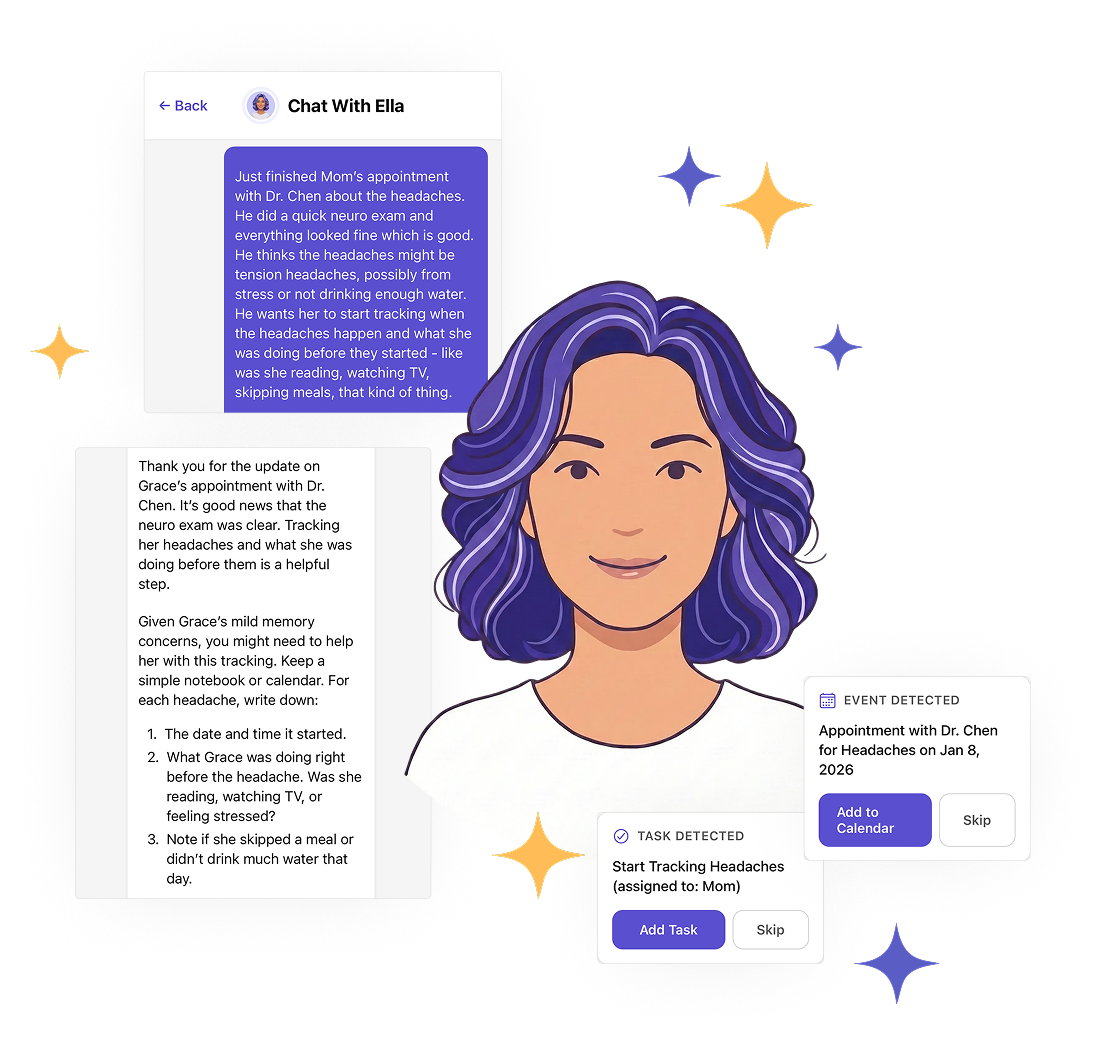 Chating with Ella to access caregiver memory illustration