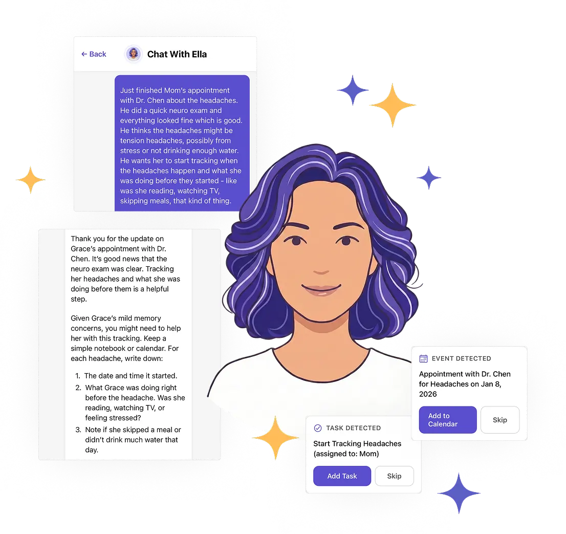 Chating with Ella to access caregiver memory illustration