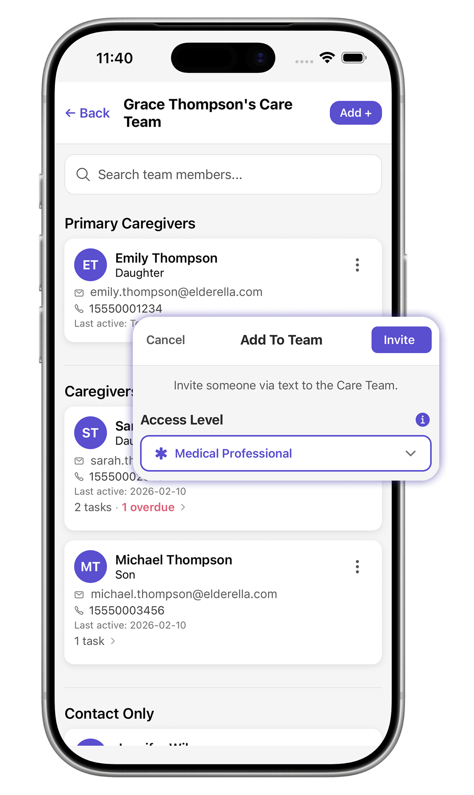 Elderella care team screen showing team members and invite flow