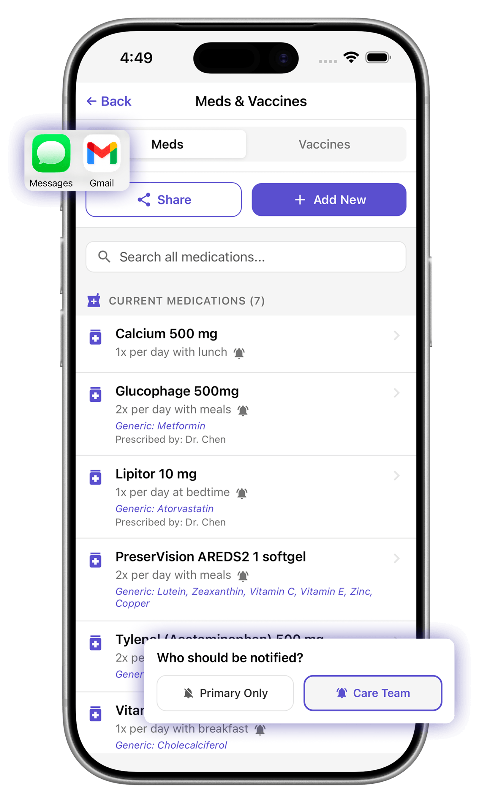 Elderella medications screen showing medication list and sharing