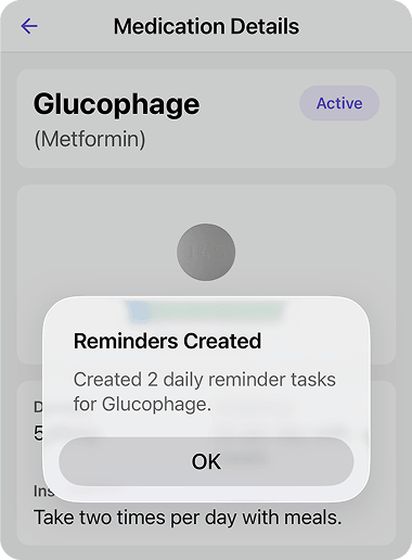 Elderella confirming two daily reminder tasks were created for a medication