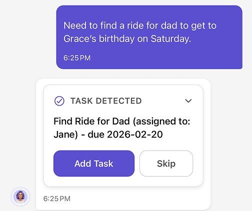 A ride for Dad task created by Ella from a conversation