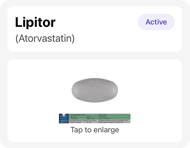 Elderella medication detail for Lipitor (atorvastatin) showing a photo of the actual pill