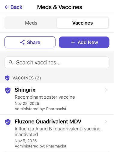 Elderella Meds & Vaccines screen on the Vaccines tab, listing Shingrix and Fluzone with dates and who administered them