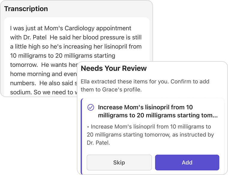 Voice note transcription showing doctor's advice captured and organized by Elderella