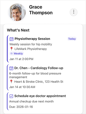What's Next view showing upcoming tasks and events